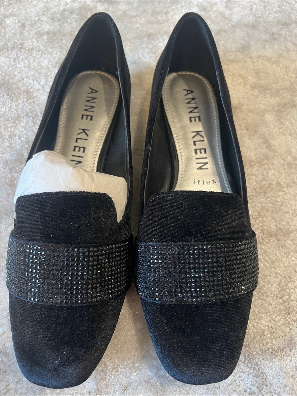 Anne Klein I flex Black Suede Loafers with Rhinestone Band